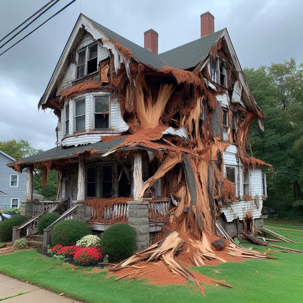Signs Your Plantation Home Needs a Tree Inspection Blog Article - Tree with visible damage, including broken branches and signs of disease near an Plantation home